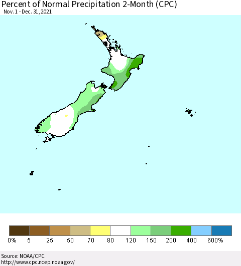 New Zealand Percent of Normal Precipitation 2-Month (CPC) Thematic Map For 11/1/2021 - 12/31/2021