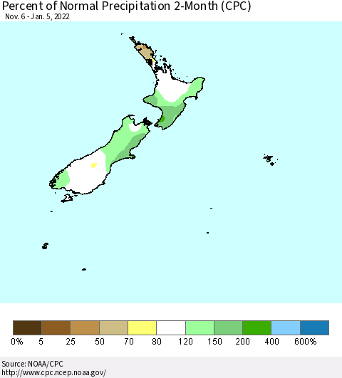 New Zealand Percent of Normal Precipitation 2-Month (CPC) Thematic Map For 11/6/2021 - 1/5/2022
