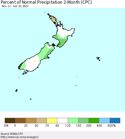 New Zealand Percent of Normal Precipitation 2-Month (CPC) Thematic Map For 11/11/2021 - 1/10/2022