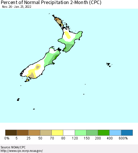 New Zealand Percent of Normal Precipitation 2-Month (CPC) Thematic Map For 11/26/2021 - 1/25/2022