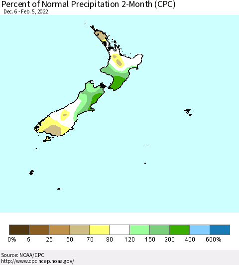 New Zealand Percent of Normal Precipitation 2-Month (CPC) Thematic Map For 12/6/2021 - 2/5/2022
