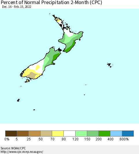 New Zealand Percent of Normal Precipitation 2-Month (CPC) Thematic Map For 12/16/2021 - 2/15/2022