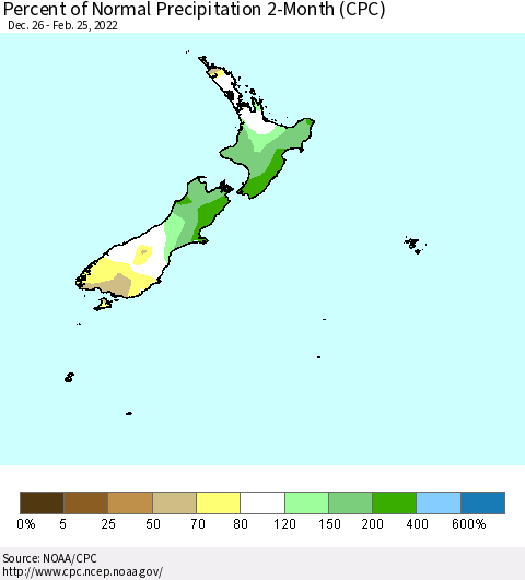 New Zealand Percent of Normal Precipitation 2-Month (CPC) Thematic Map For 12/26/2021 - 2/25/2022