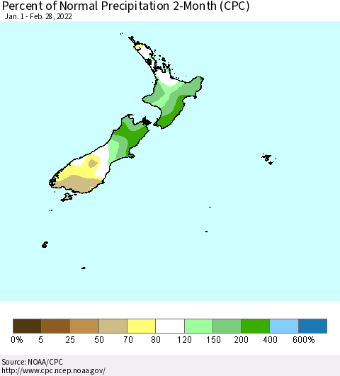 New Zealand Percent of Normal Precipitation 2-Month (CPC) Thematic Map For 1/1/2022 - 2/28/2022