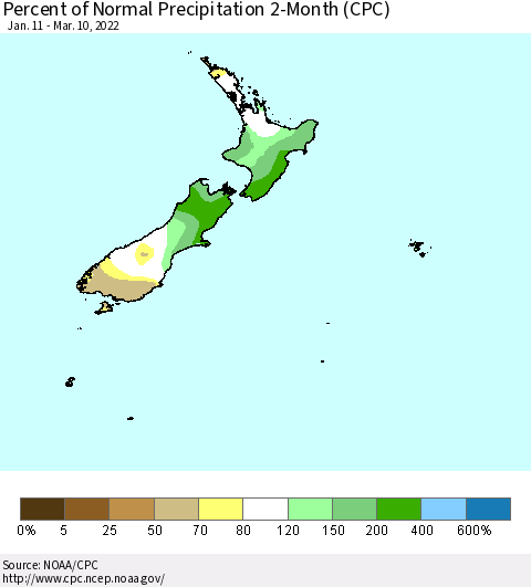 New Zealand Percent of Normal Precipitation 2-Month (CPC) Thematic Map For 1/11/2022 - 3/10/2022