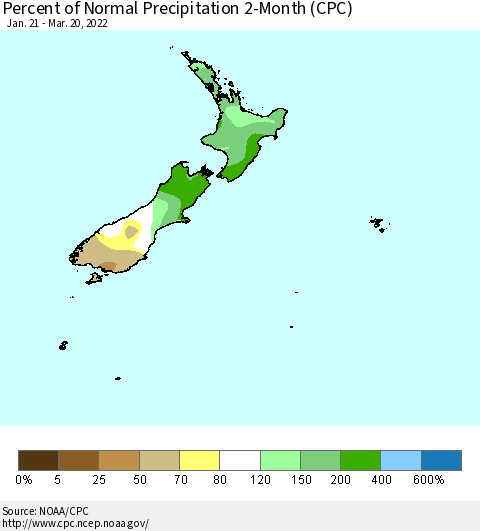 New Zealand Percent of Normal Precipitation 2-Month (CPC) Thematic Map For 1/21/2022 - 3/20/2022