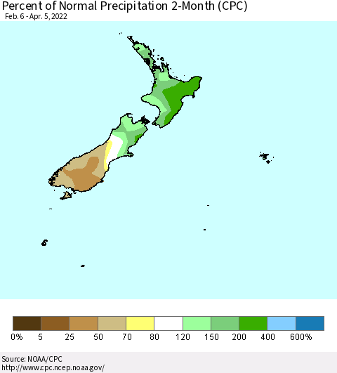 New Zealand Percent of Normal Precipitation 2-Month (CPC) Thematic Map For 2/6/2022 - 4/5/2022