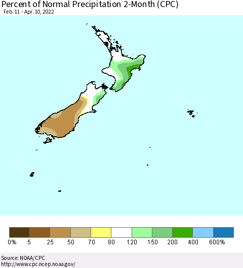 New Zealand Percent of Normal Precipitation 2-Month (CPC) Thematic Map For 2/11/2022 - 4/10/2022