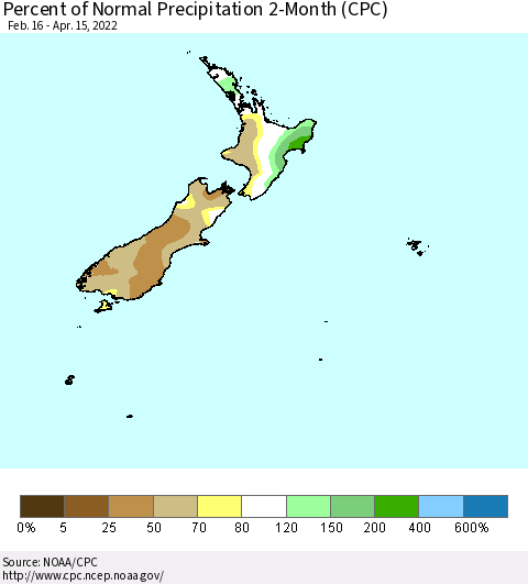New Zealand Percent of Normal Precipitation 2-Month (CPC) Thematic Map For 2/16/2022 - 4/15/2022