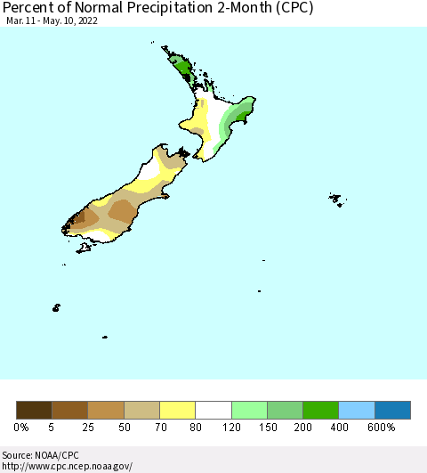 New Zealand Percent of Normal Precipitation 2-Month (CPC) Thematic Map For 3/11/2022 - 5/10/2022
