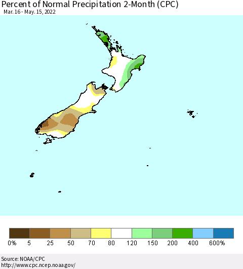 New Zealand Percent of Normal Precipitation 2-Month (CPC) Thematic Map For 3/16/2022 - 5/15/2022