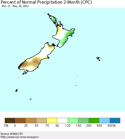 New Zealand Percent of Normal Precipitation 2-Month (CPC) Thematic Map For 3/21/2022 - 5/20/2022