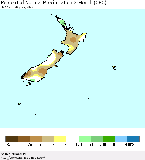 New Zealand Percent of Normal Precipitation 2-Month (CPC) Thematic Map For 3/26/2022 - 5/25/2022
