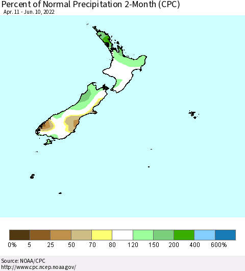 New Zealand Percent of Normal Precipitation 2-Month (CPC) Thematic Map For 4/11/2022 - 6/10/2022