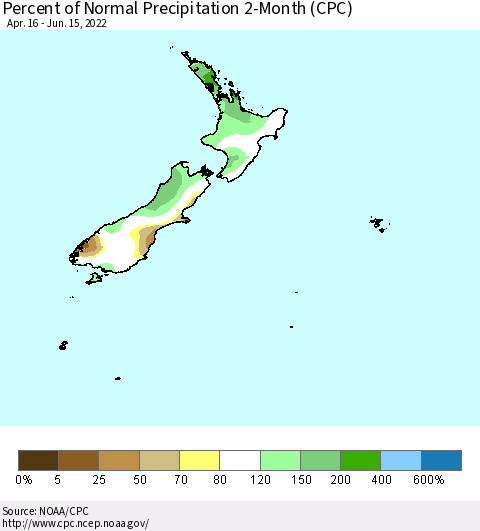 New Zealand Percent of Normal Precipitation 2-Month (CPC) Thematic Map For 4/16/2022 - 6/15/2022