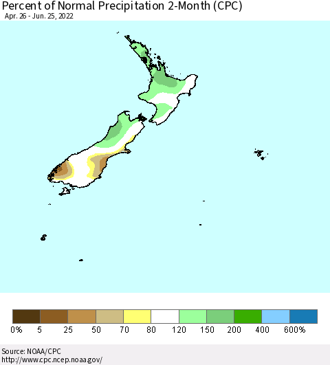 New Zealand Percent of Normal Precipitation 2-Month (CPC) Thematic Map For 4/26/2022 - 6/25/2022