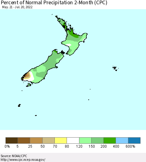 New Zealand Percent of Normal Precipitation 2-Month (CPC) Thematic Map For 5/21/2022 - 7/20/2022