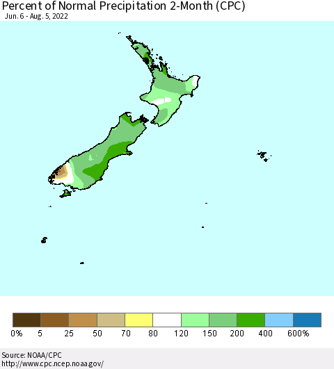 New Zealand Percent of Normal Precipitation 2-Month (CPC) Thematic Map For 6/6/2022 - 8/5/2022