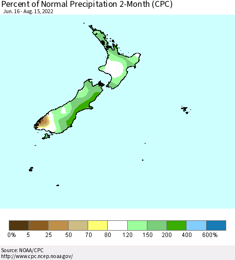 New Zealand Percent of Normal Precipitation 2-Month (CPC) Thematic Map For 6/16/2022 - 8/15/2022