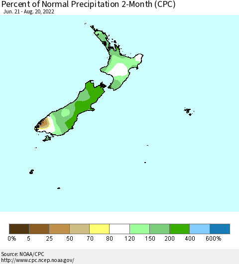 New Zealand Percent of Normal Precipitation 2-Month (CPC) Thematic Map For 6/21/2022 - 8/20/2022