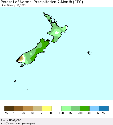 New Zealand Percent of Normal Precipitation 2-Month (CPC) Thematic Map For 6/26/2022 - 8/25/2022