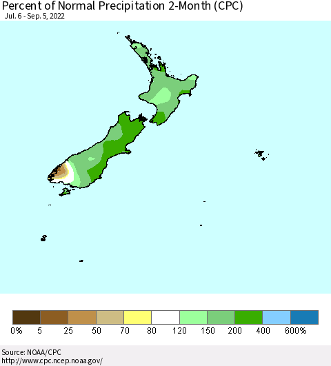 New Zealand Percent of Normal Precipitation 2-Month (CPC) Thematic Map For 7/6/2022 - 9/5/2022