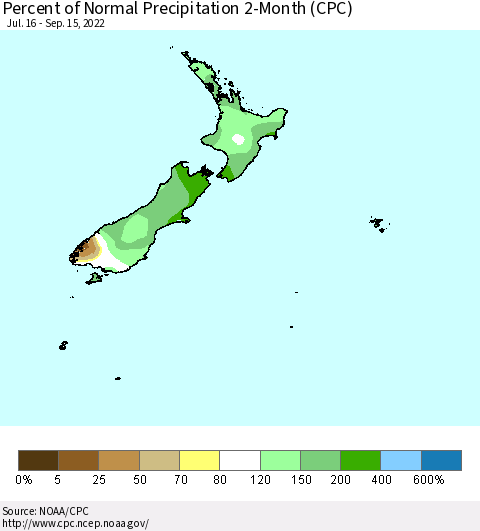 New Zealand Percent of Normal Precipitation 2-Month (CPC) Thematic Map For 7/16/2022 - 9/15/2022