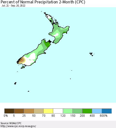 New Zealand Percent of Normal Precipitation 2-Month (CPC) Thematic Map For 7/21/2022 - 9/20/2022