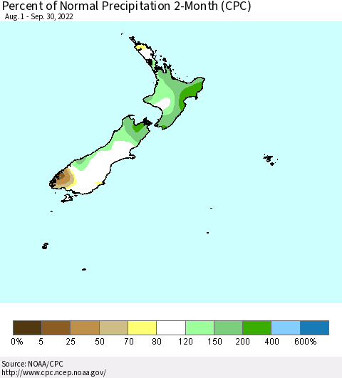New Zealand Percent of Normal Precipitation 2-Month (CPC) Thematic Map For 8/1/2022 - 9/30/2022