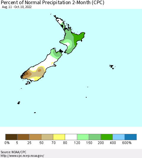 New Zealand Percent of Normal Precipitation 2-Month (CPC) Thematic Map For 8/11/2022 - 10/10/2022