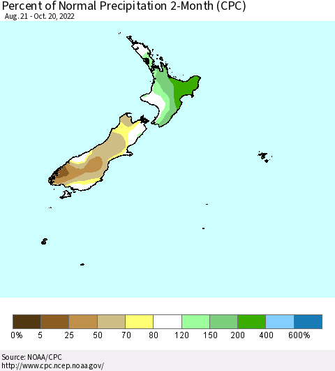 New Zealand Percent of Normal Precipitation 2-Month (CPC) Thematic Map For 8/21/2022 - 10/20/2022