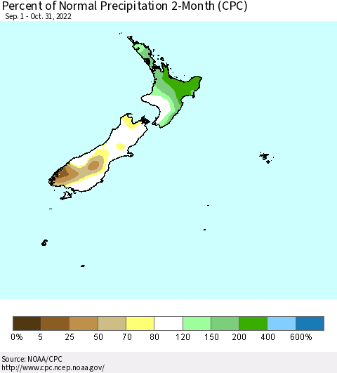 New Zealand Percent of Normal Precipitation 2-Month (CPC) Thematic Map For 9/1/2022 - 10/31/2022