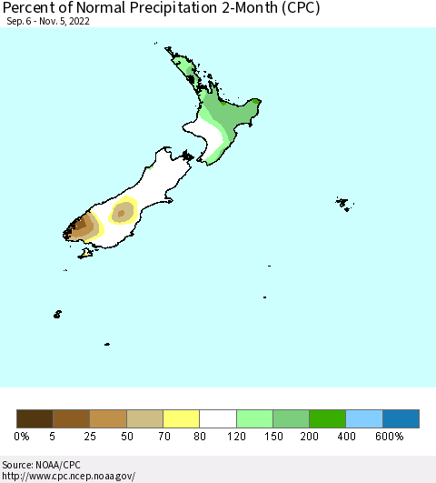 New Zealand Percent of Normal Precipitation 2-Month (CPC) Thematic Map For 9/6/2022 - 11/5/2022