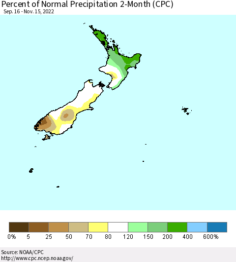 New Zealand Percent of Normal Precipitation 2-Month (CPC) Thematic Map For 9/16/2022 - 11/15/2022