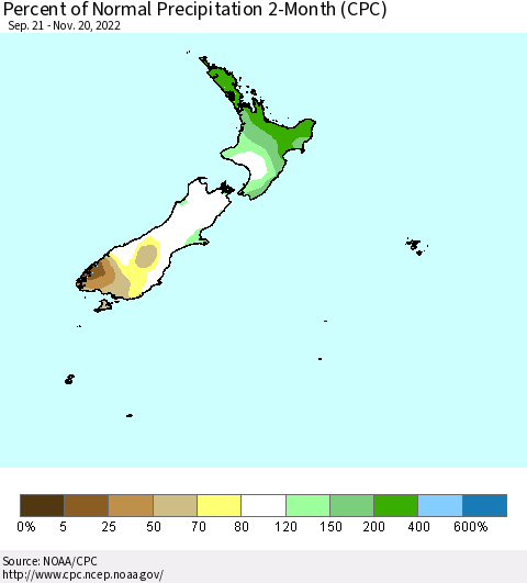 New Zealand Percent of Normal Precipitation 2-Month (CPC) Thematic Map For 9/21/2022 - 11/20/2022