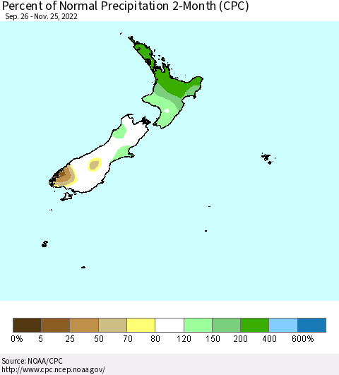 New Zealand Percent of Normal Precipitation 2-Month (CPC) Thematic Map For 9/26/2022 - 11/25/2022