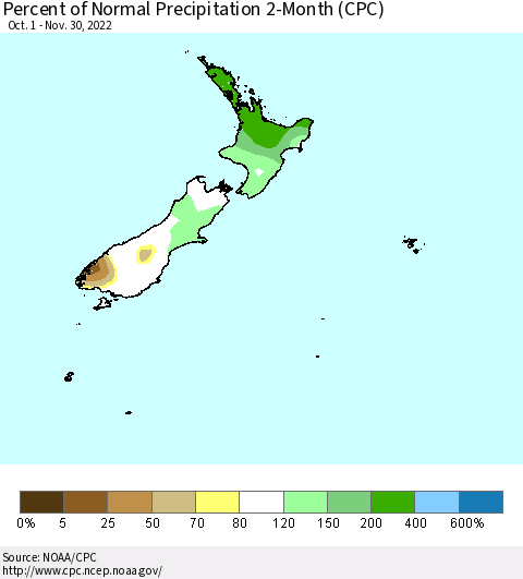 New Zealand Percent of Normal Precipitation 2-Month (CPC) Thematic Map For 10/1/2022 - 11/30/2022