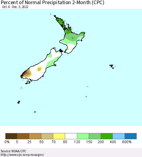 New Zealand Percent of Normal Precipitation 2-Month (CPC) Thematic Map For 10/6/2022 - 12/5/2022
