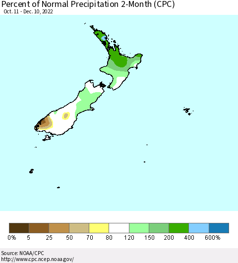 New Zealand Percent of Normal Precipitation 2-Month (CPC) Thematic Map For 10/11/2022 - 12/10/2022