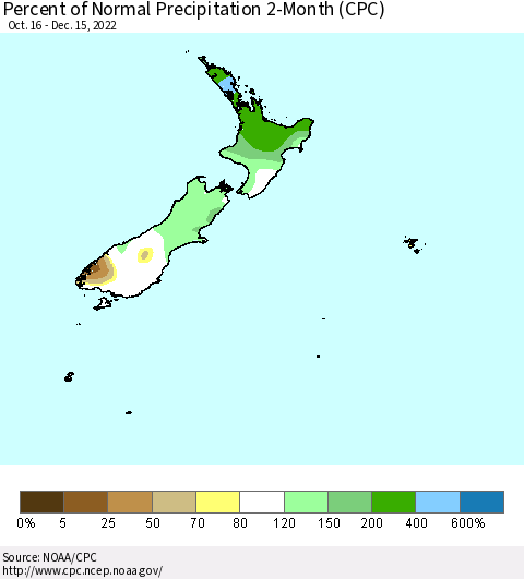 New Zealand Percent of Normal Precipitation 2-Month (CPC) Thematic Map For 10/16/2022 - 12/15/2022