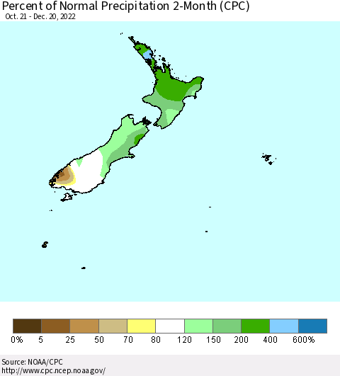 New Zealand Percent of Normal Precipitation 2-Month (CPC) Thematic Map For 10/21/2022 - 12/20/2022