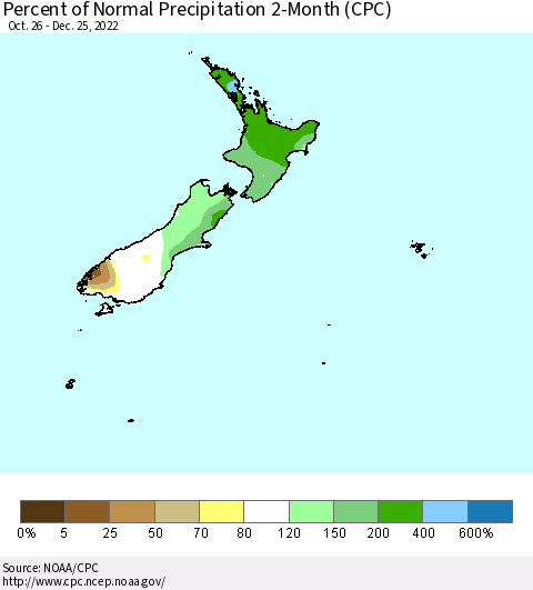 New Zealand Percent of Normal Precipitation 2-Month (CPC) Thematic Map For 10/26/2022 - 12/25/2022