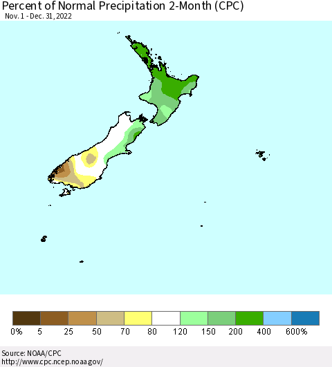 New Zealand Percent of Normal Precipitation 2-Month (CPC) Thematic Map For 11/1/2022 - 12/31/2022