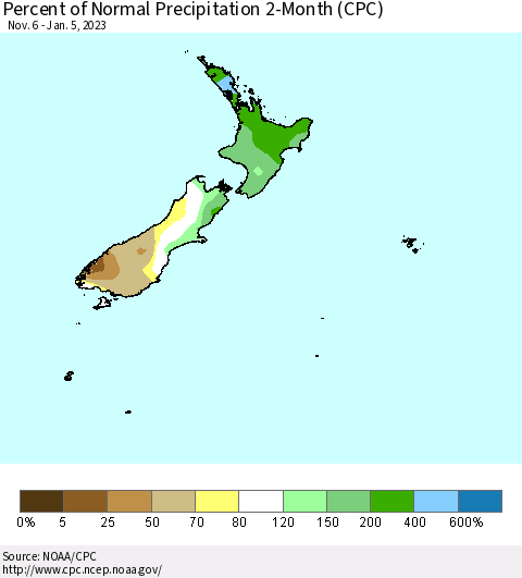 New Zealand Percent of Normal Precipitation 2-Month (CPC) Thematic Map For 11/6/2022 - 1/5/2023