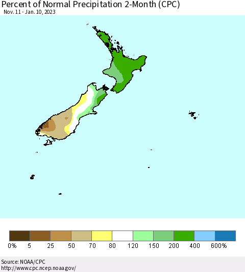 New Zealand Percent of Normal Precipitation 2-Month (CPC) Thematic Map For 11/11/2022 - 1/10/2023
