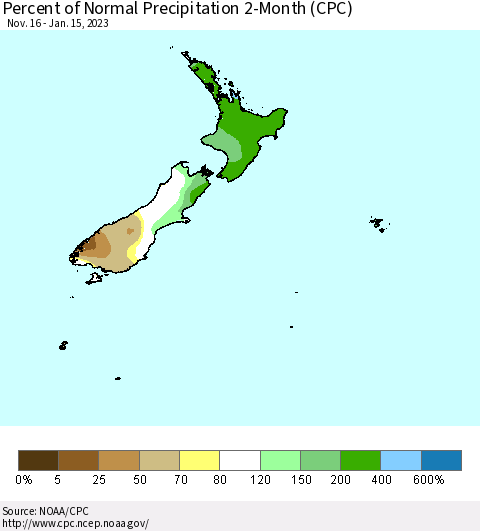 New Zealand Percent of Normal Precipitation 2-Month (CPC) Thematic Map For 11/16/2022 - 1/15/2023