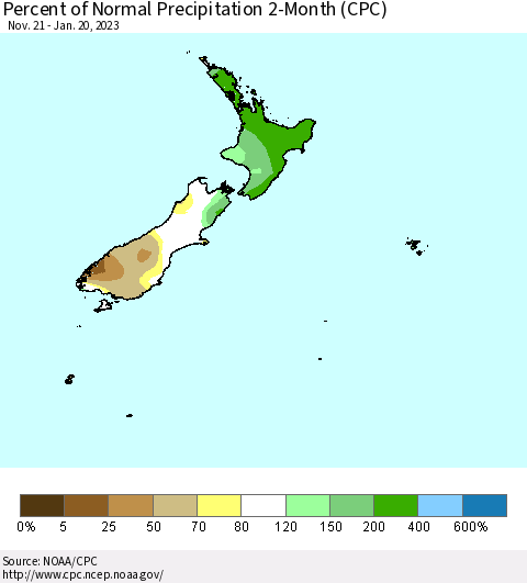 New Zealand Percent of Normal Precipitation 2-Month (CPC) Thematic Map For 11/21/2022 - 1/20/2023