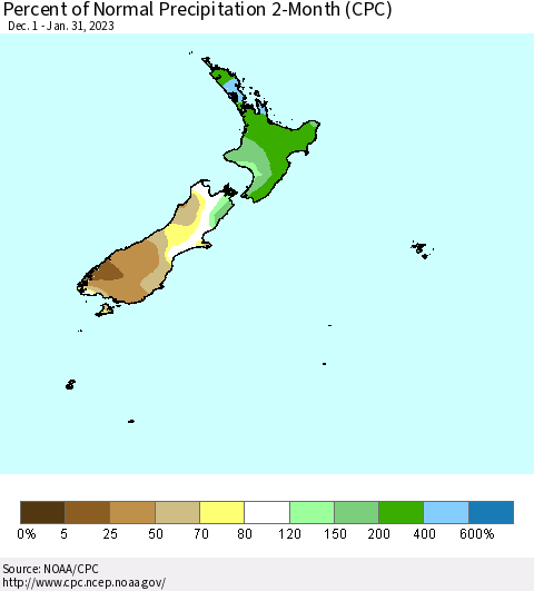 New Zealand Percent of Normal Precipitation 2-Month (CPC) Thematic Map For 12/1/2022 - 1/31/2023