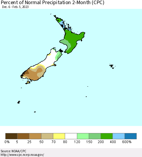 New Zealand Percent of Normal Precipitation 2-Month (CPC) Thematic Map For 12/6/2022 - 2/5/2023