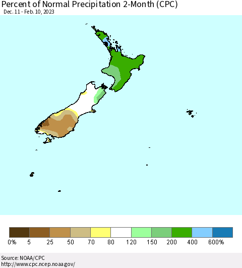 New Zealand Percent of Normal Precipitation 2-Month (CPC) Thematic Map For 12/11/2022 - 2/10/2023
